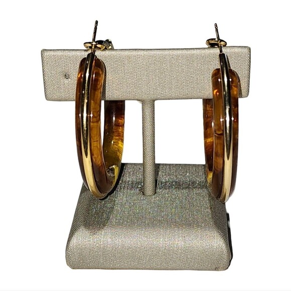 Butterscotch Resin Hoop Earring With Gold Plated Outline 1.64in - Picture 13 of 14
